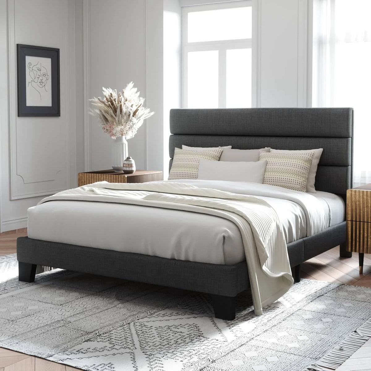 Queen Size Upholstered Platform Bed Frame, Dark Gray Fabric Bed with Headboard for Bedroom