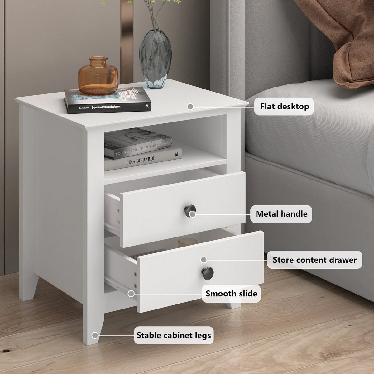 21.7 Inch Tall White Nightstand, 2 Drawers and 1 Open Shelf Bedside End Table