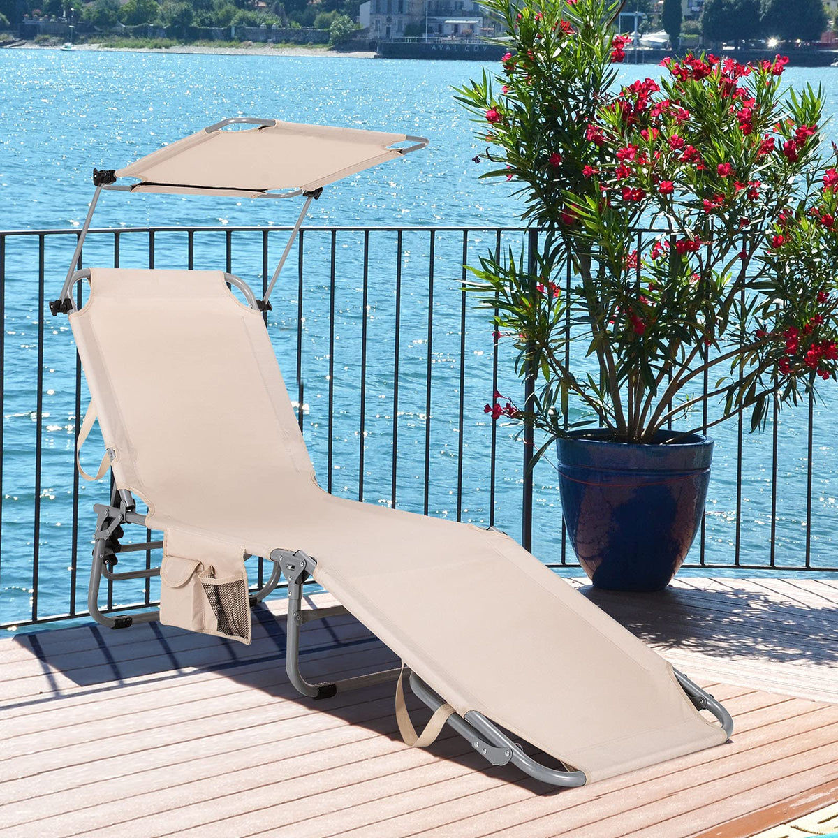 Folding Lounge Chair with Canopy �� Shade Chair with Storage Pocket