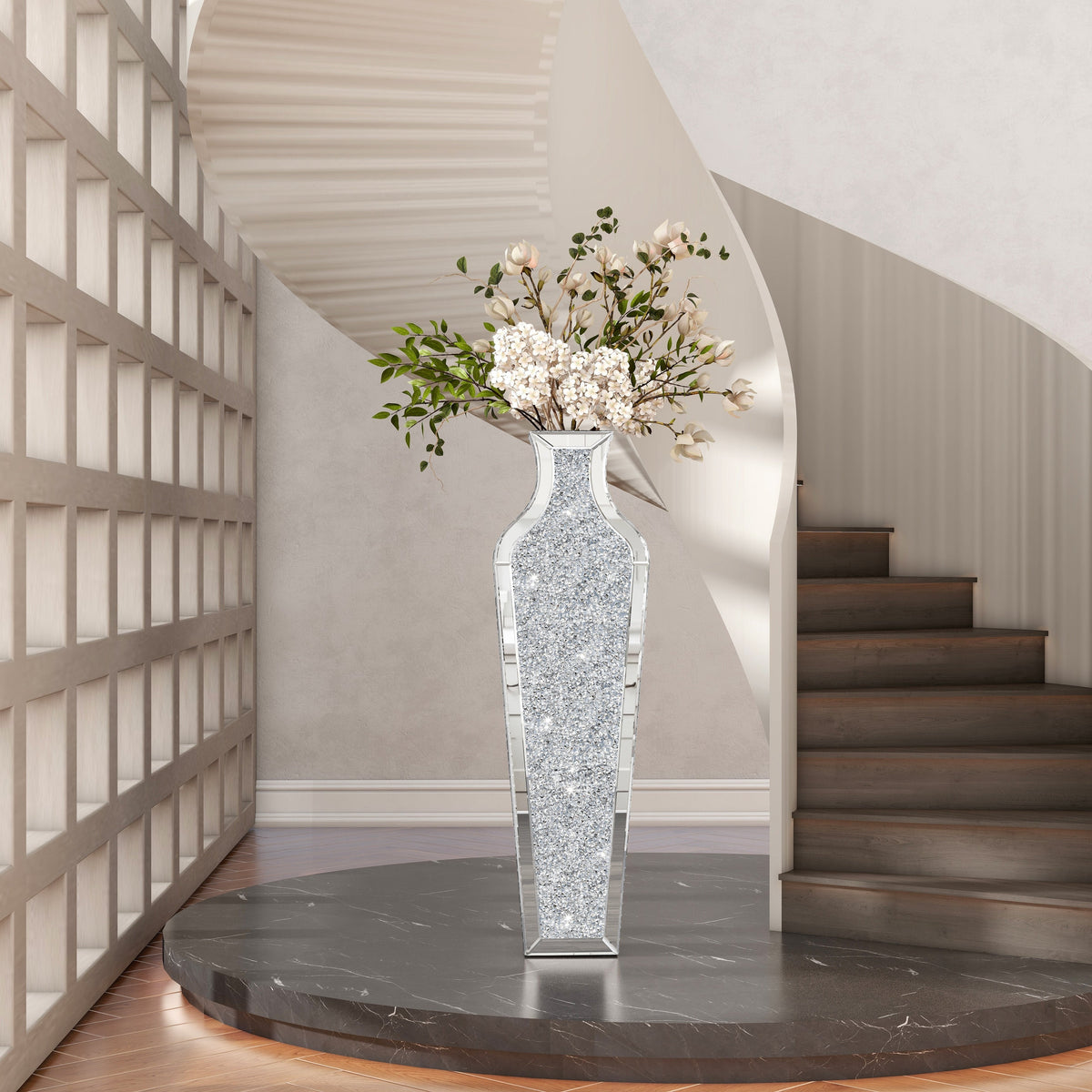 Tall Crushed Diamond Floor Vase, Luxury Decorative Crystal Accent Vase for Living Room, Bedroom and Home Decor