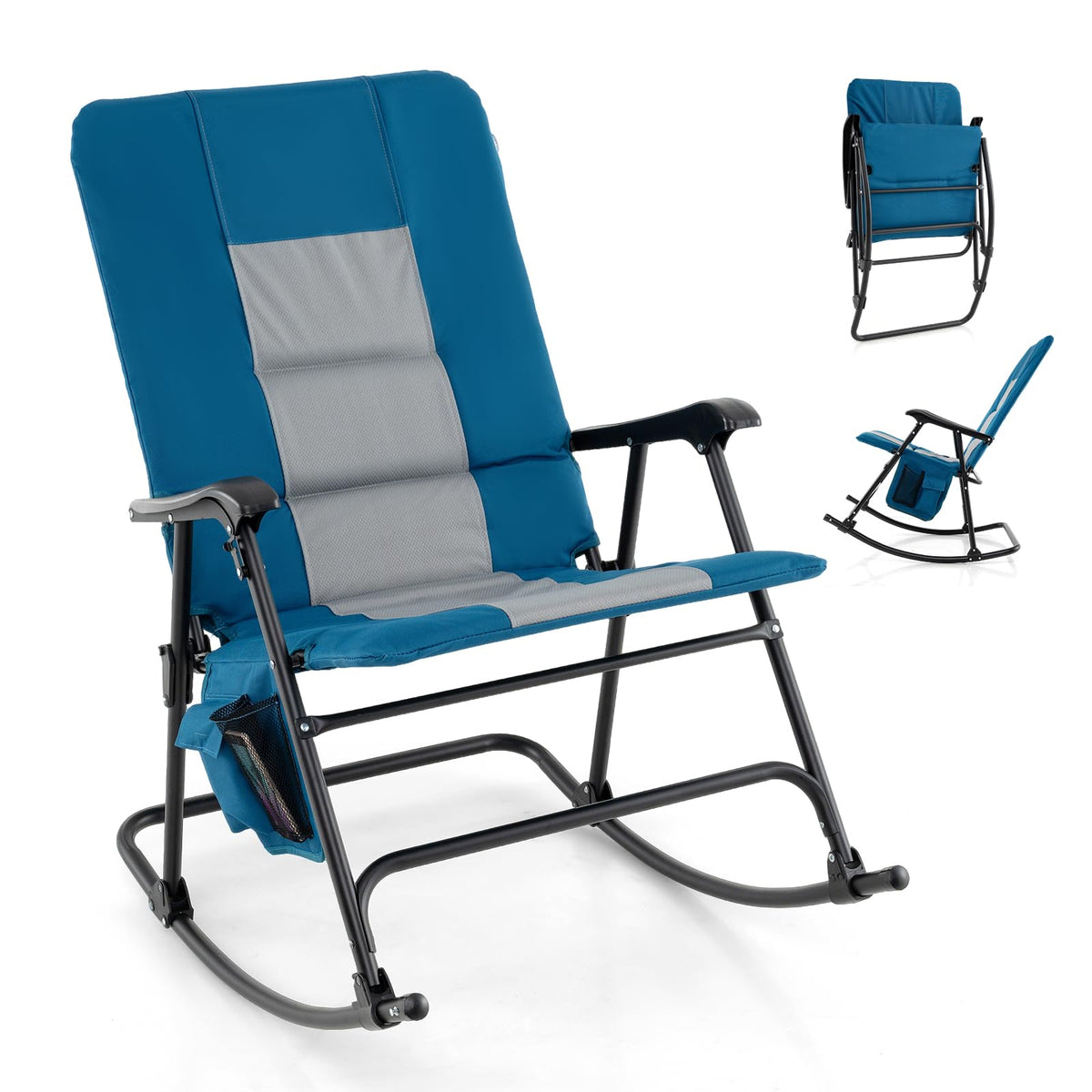 Oversized Folding Rocking Chair �� Padded Patio Lounge with Metal Frame & Side Pocket