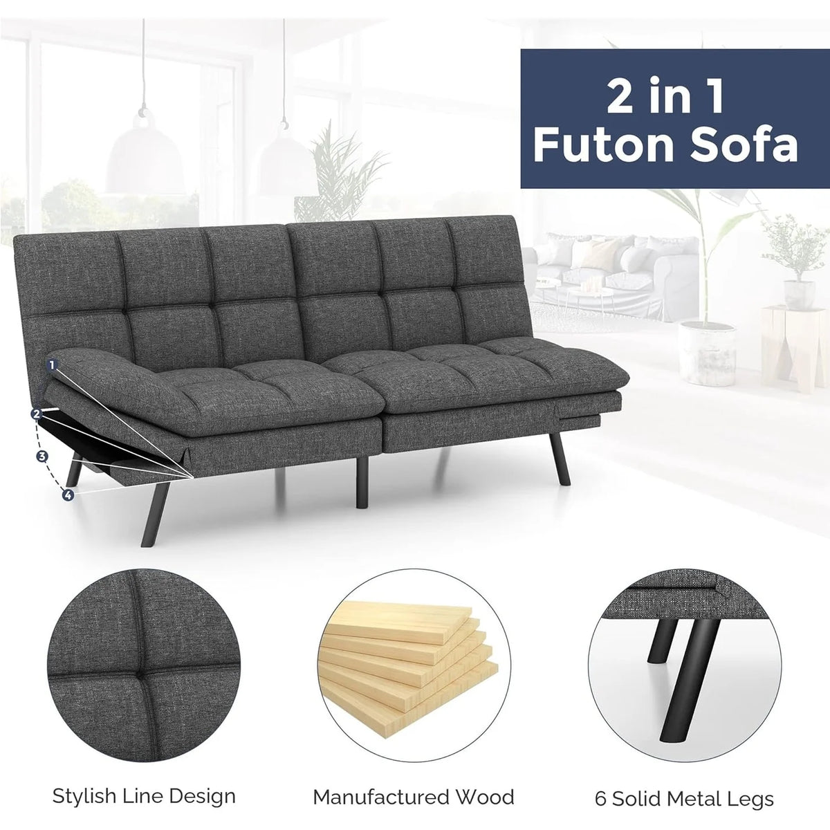 Convertible Futon Sofa Bed with Memory Foam, Foldable Loveseat Sleeper with Adjustable Armrests