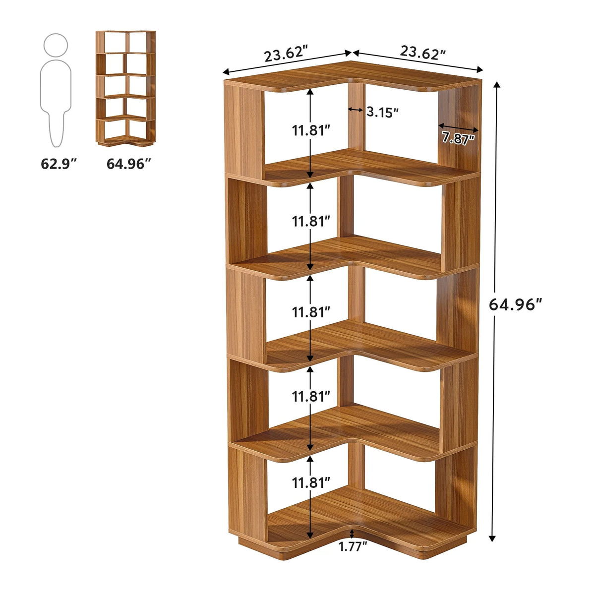 64.9 Inch Tall 6-Tier Corner Bookshelf, Freestanding Wood Industrial Bookcase
