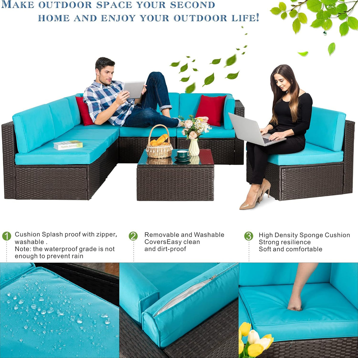 5-Piece All-Weather Patio Furniture Set with Ottoman, Outdoor Wicker Conversation Sofa Set with Cushions for Garden, Deck & Backyard