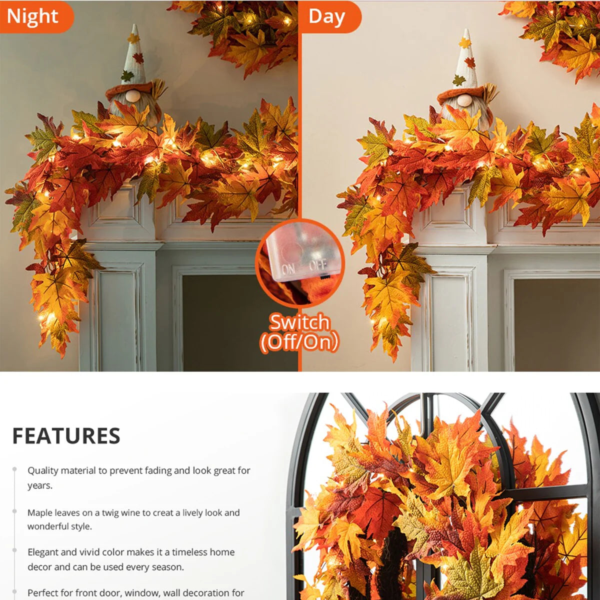 Thanksgiving LED Lighted Fall Maple Leaf Wreath and Garland - Autumn Home Decor