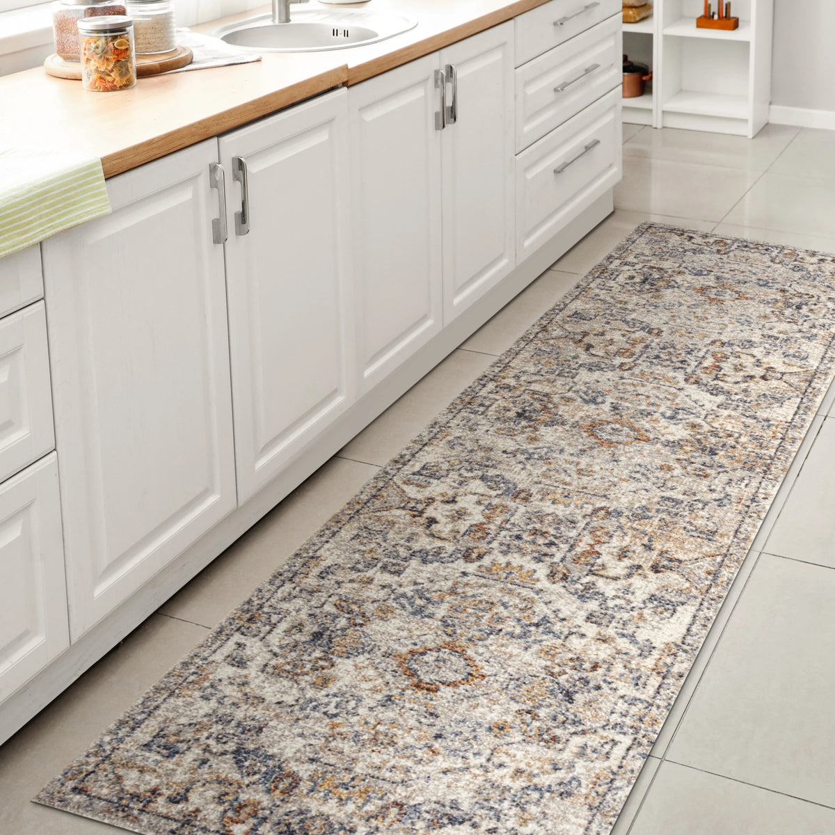 Bohemian Medallion Low-Pile Machine-Washable Area Rug, Cream and Terra