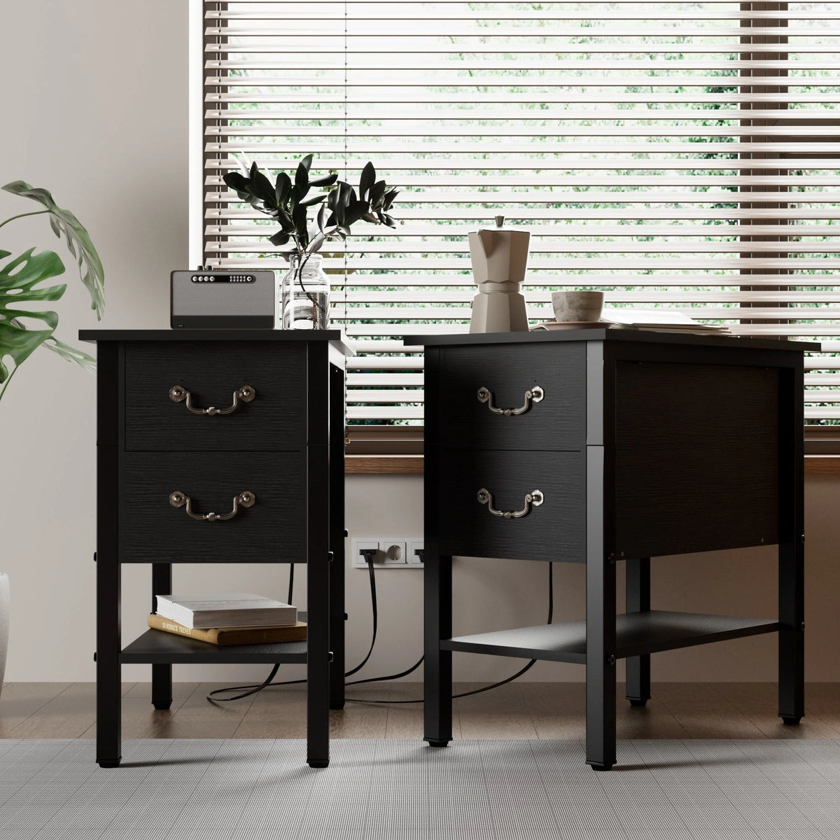 Narrow End Table with Charging Station, Chairside Table with Drawers, USB Ports and Power Outlets