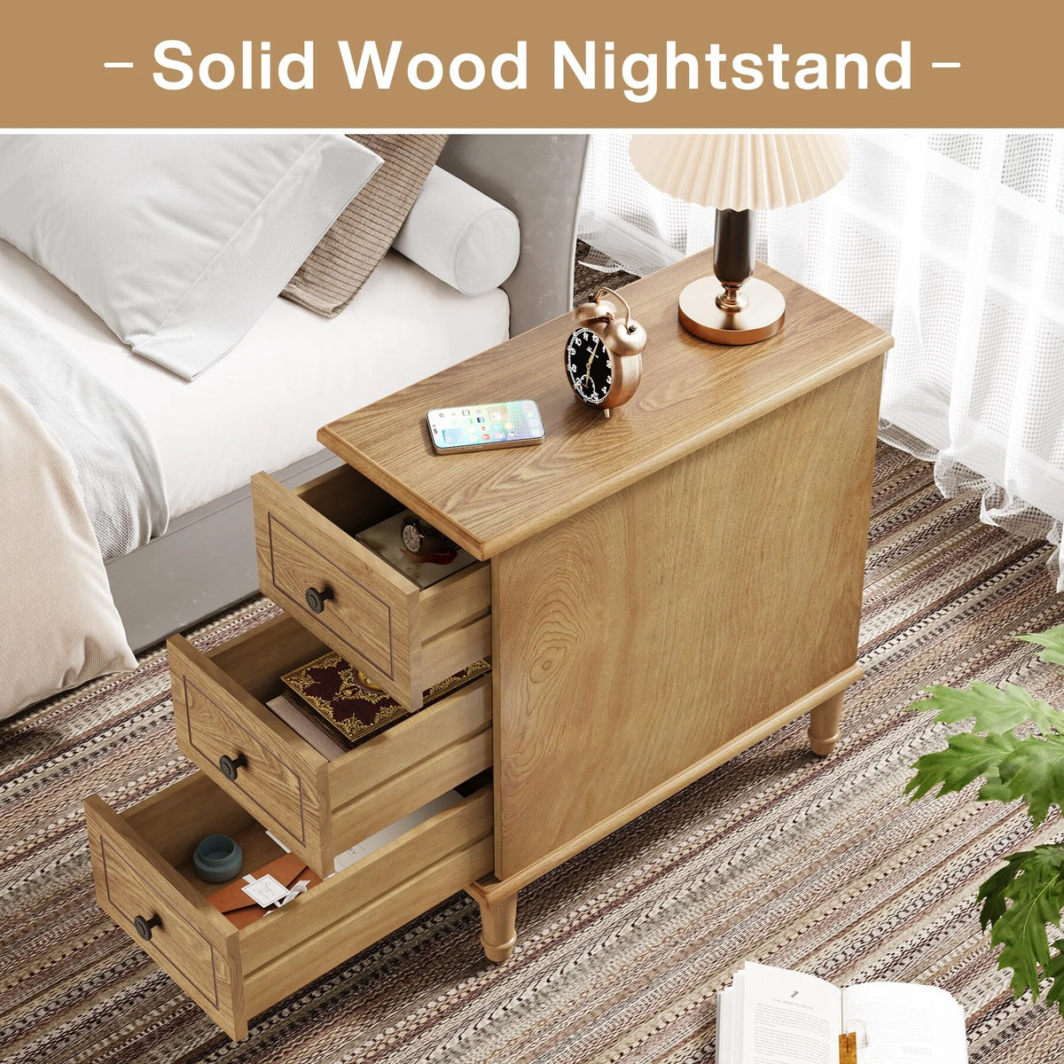 Fully Assembled Narrow End Table, Solid Wood Side Table with 3 Drawers, Vintage Nightstand for Small Spaces