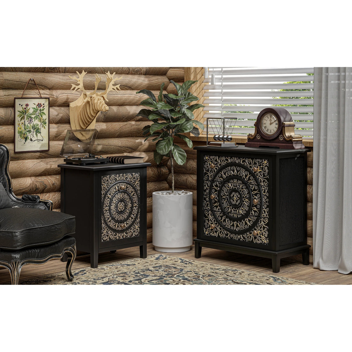 Farmhouse Fully Assembled Nightstand with 2 Drawers, Flower Motif End Table for Small Spaces