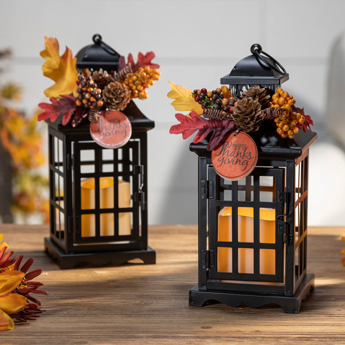 Set of 2 Autumn Lanterns with Fall Floral Accents, Decorative Seasonal Lanterns for Home, Porch and Table Decor