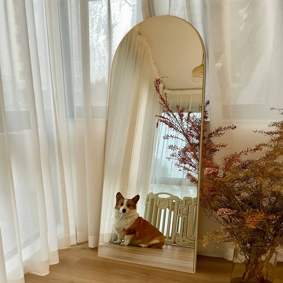 Arched Full Length Wood Floor Mirror, Full Body Standing and Wall Mounted Mirror for Bedroom, Living Room and Home Decor