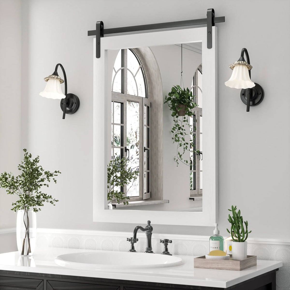 Modern Rectangular Wall Mirror with Wood Frame, Bathroom and Barn Door Mirror, Multiple Sizes