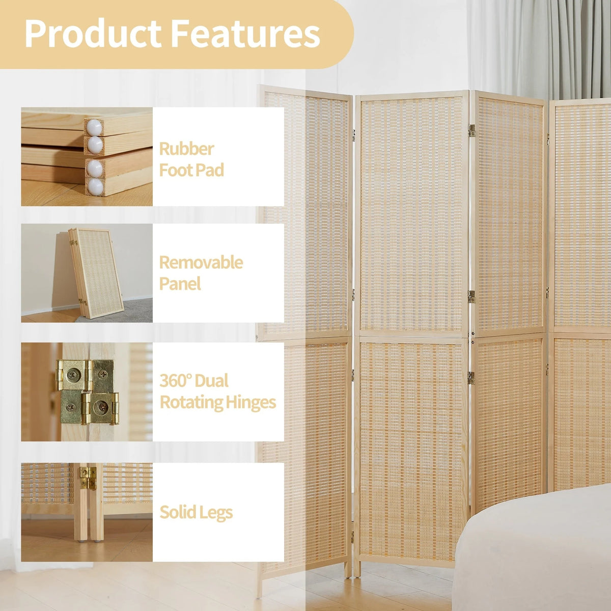 4-Panel Bamboo Folding Partition Screen 6FT Detachable Room Divider