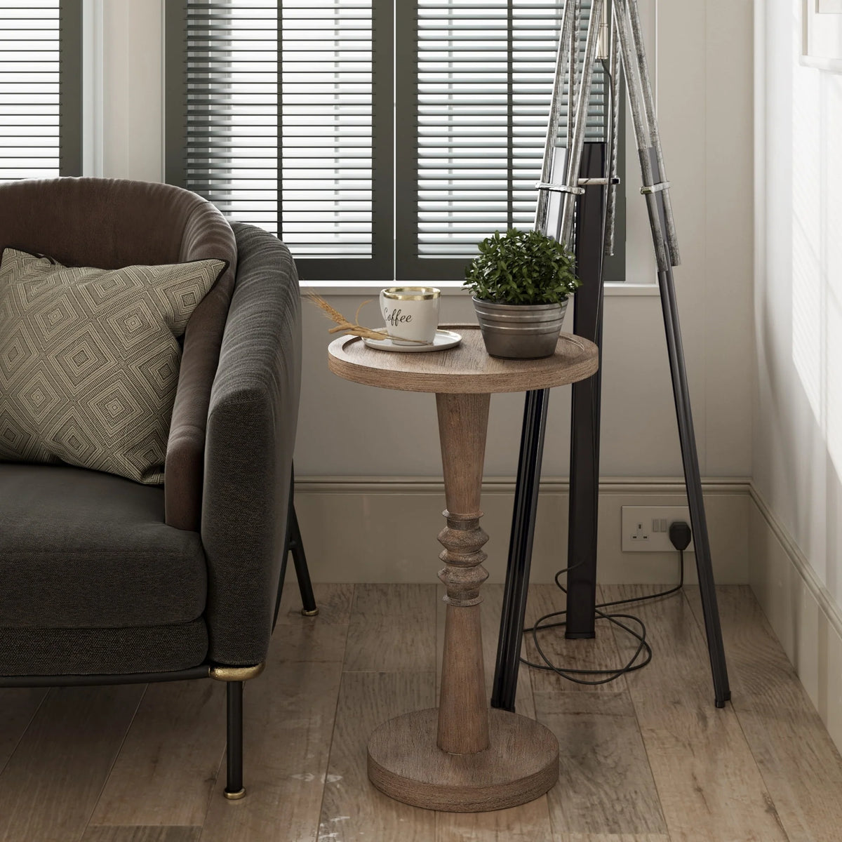 Small Pedestal End Table with Tray Top, Farmhouse Distressed Finish Accent Table