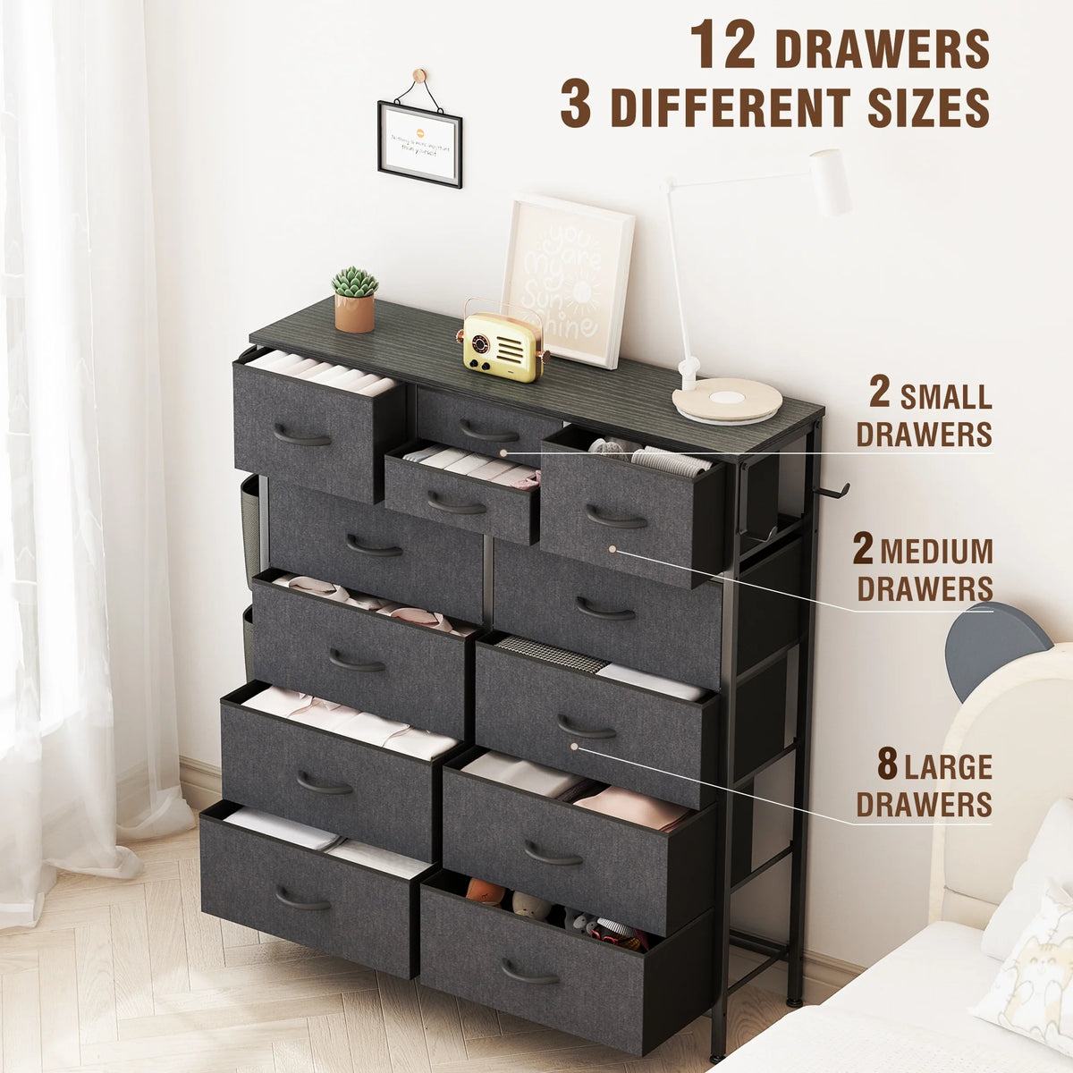 12 Drawer Fabric Dresser, Tall Bedroom Chest of Drawers with Storage