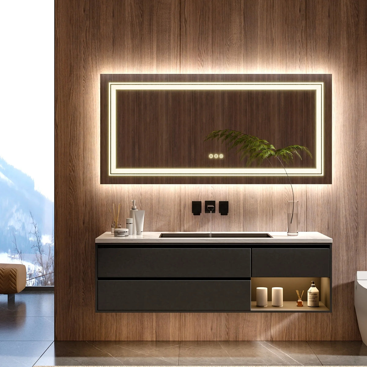 Extra Large LED Lighted Bathroom Mirror, Anti-Fog Wall Mounted Vanity Mirror with 3 Colors