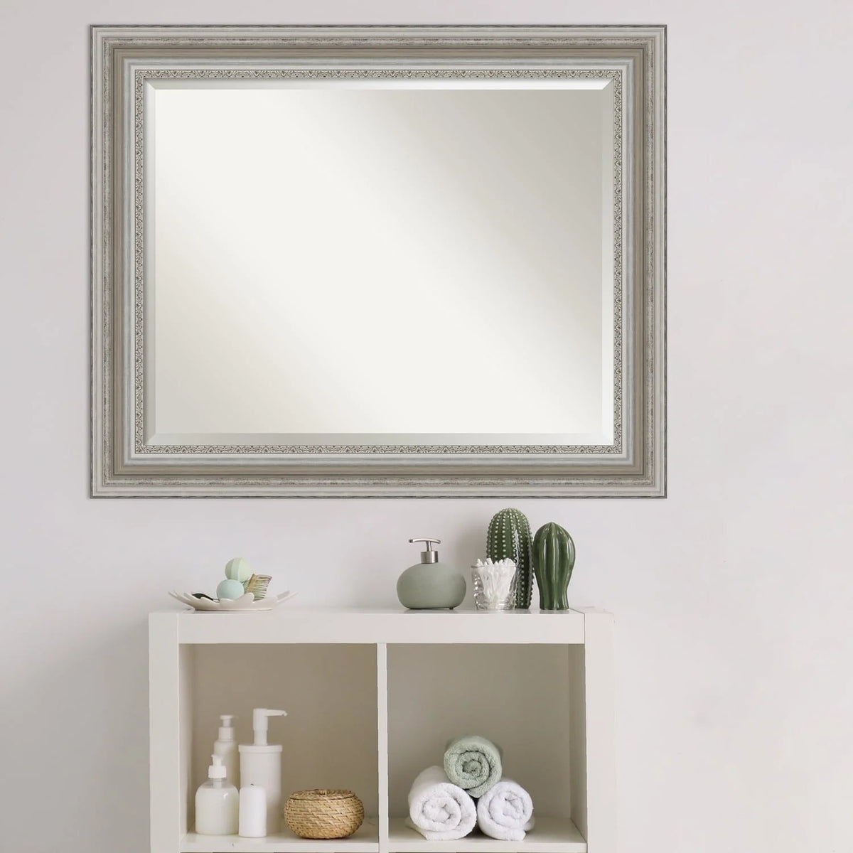 Beveled Bathroom Wall Mirror, Silver Frame Decorative Vanity Mirror for Bathroom, Bedroom and Entryway