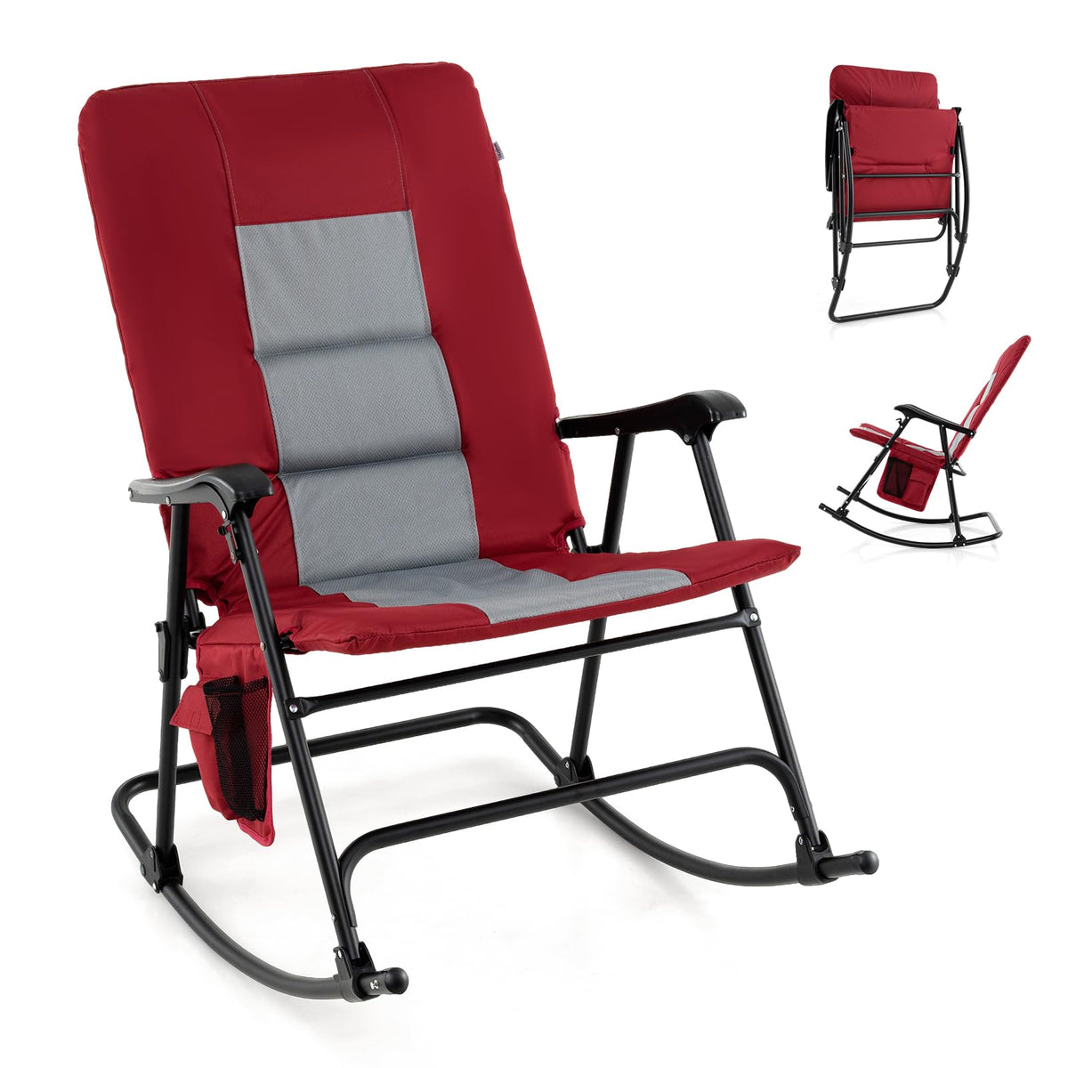 Oversized Folding Rocking Chair �� Padded Patio Lounge with Metal Frame & Side Pocket