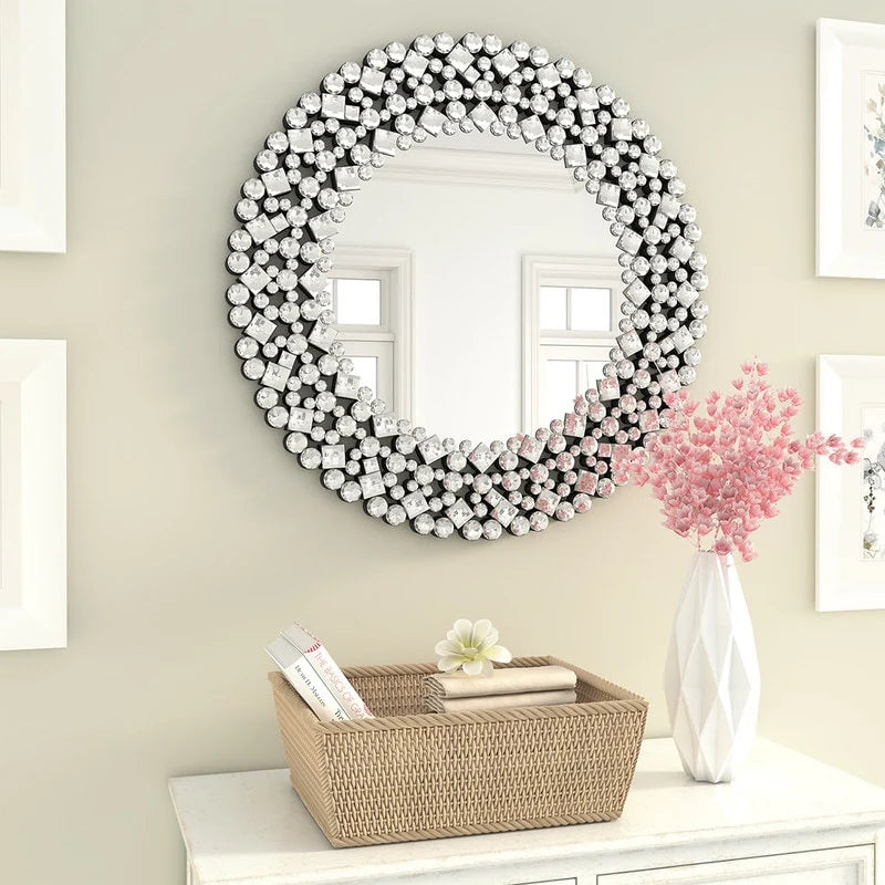 Modern Round Wall Mirror, Crystal Accent Decorative Mirror for Living Room, Bedroom and Entryway
