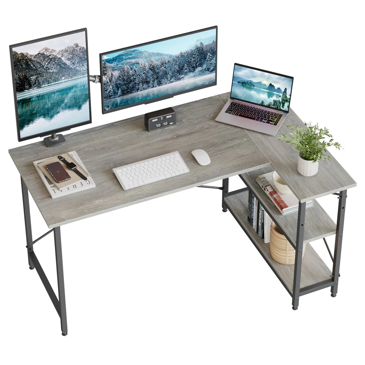 Small L Shaped Computer Desk with Storage Shelves, Compact Corner Workstation for Home Office and Study