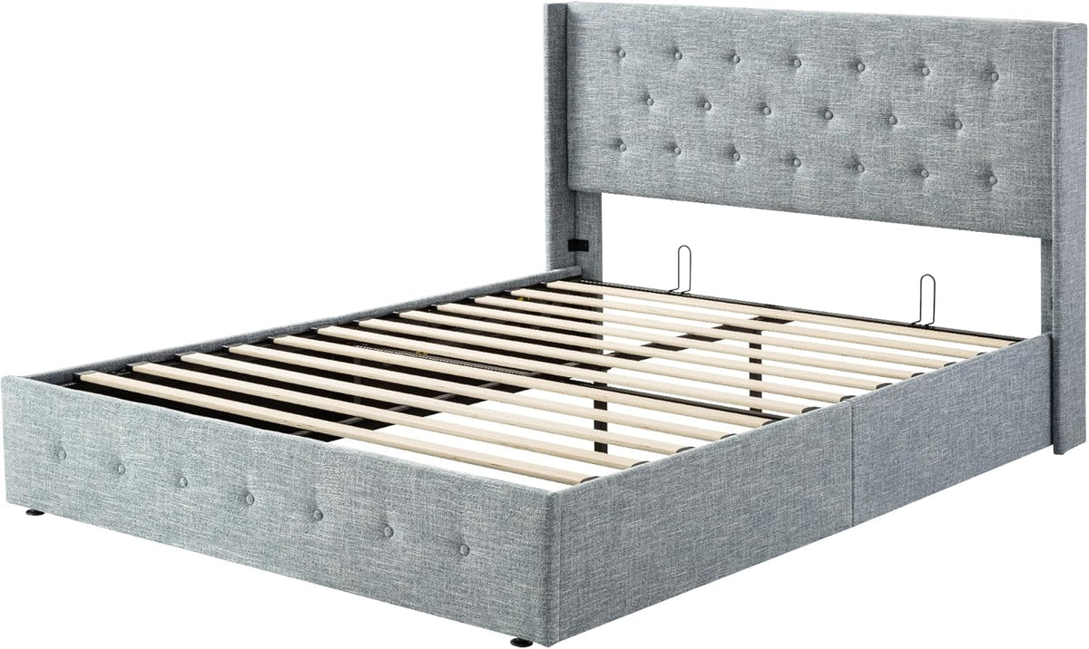 Queen Size Lift Up Storage Bed with Wingback Headboard, Upholstered Platform Bed Frame with Hidden Storage