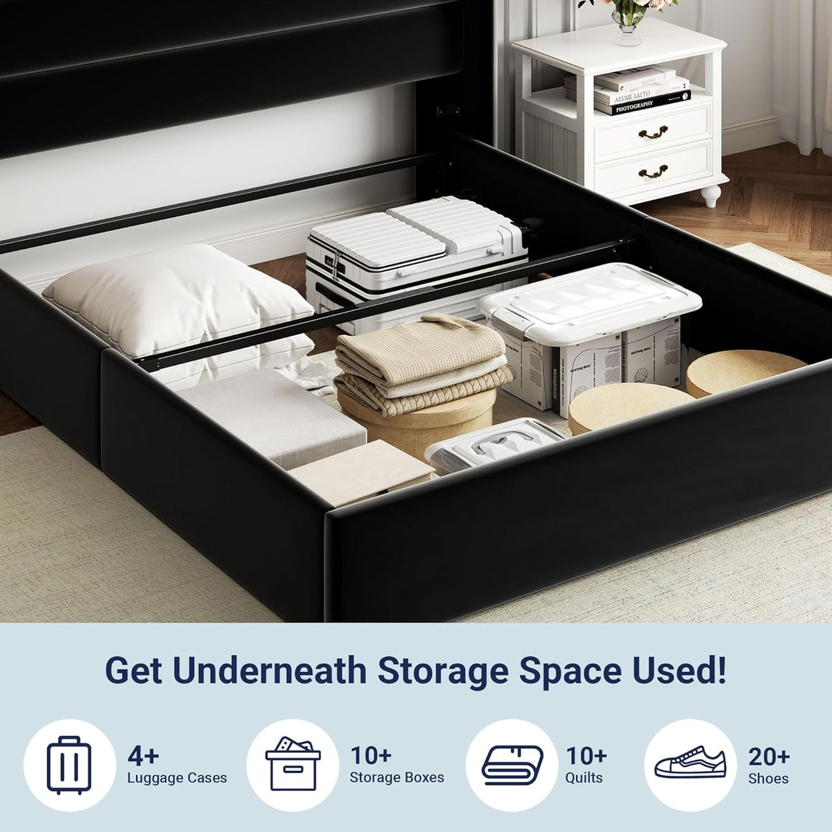 Queen Size Lift Up Storage Bed with Wingback Headboard, Upholstered Platform Bed Frame with Hidden Storage