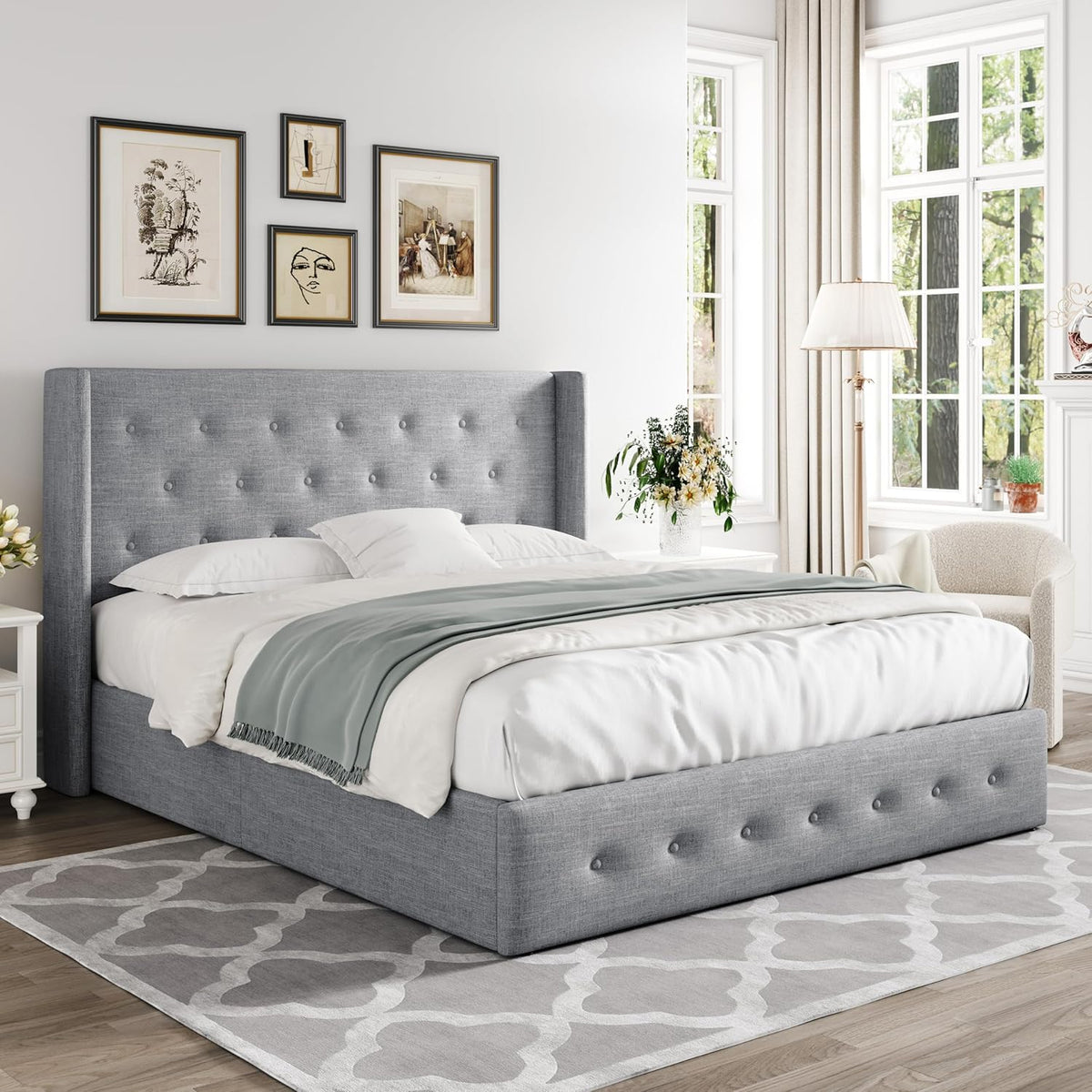 Queen Size Lift Up Storage Bed with Wingback Headboard, Upholstered Platform Bed Frame with Hidden Storage
