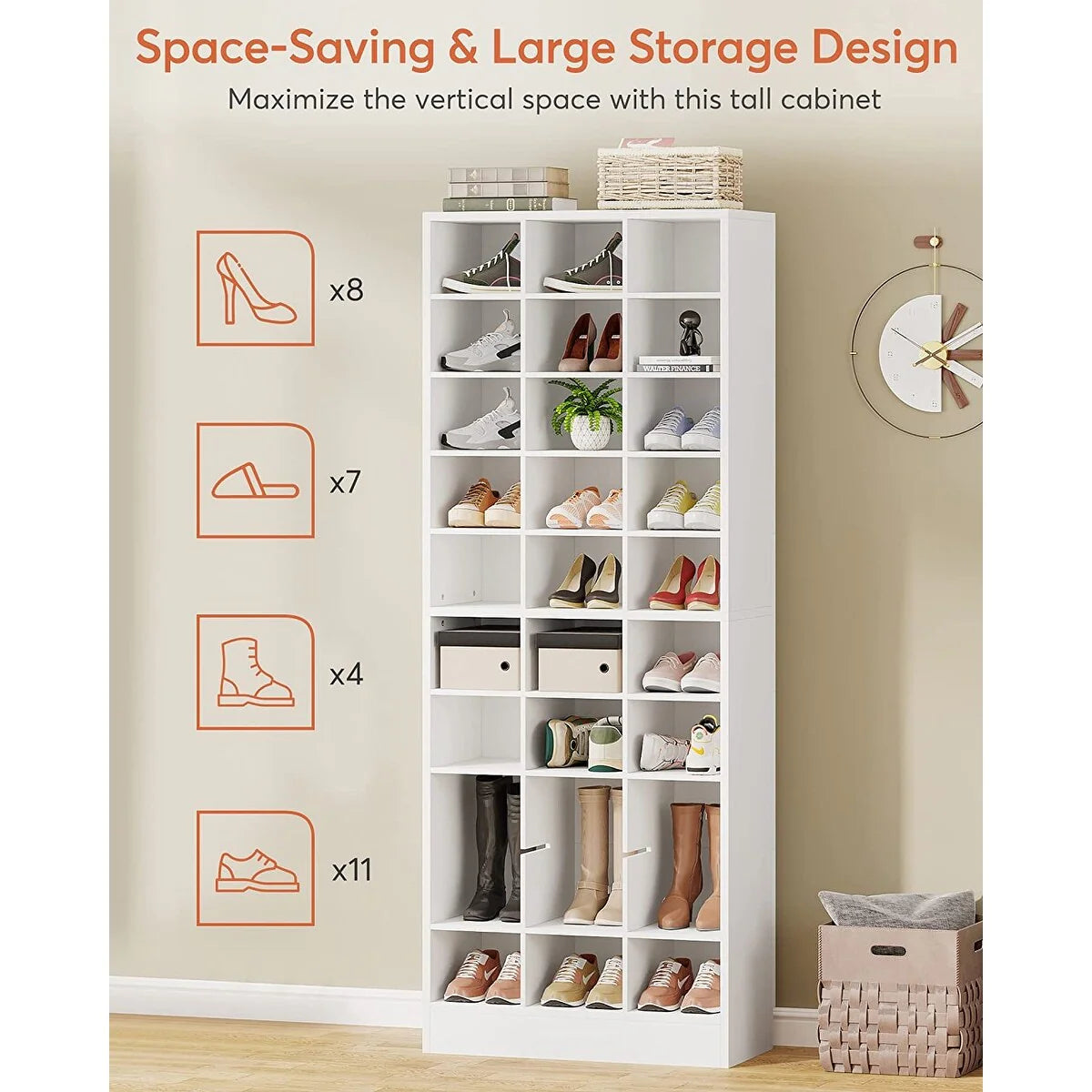 10-Tier Tall Shoe Cabinet, 30-Pair White Wood Shoe Storage Rack for Entryway and Closet