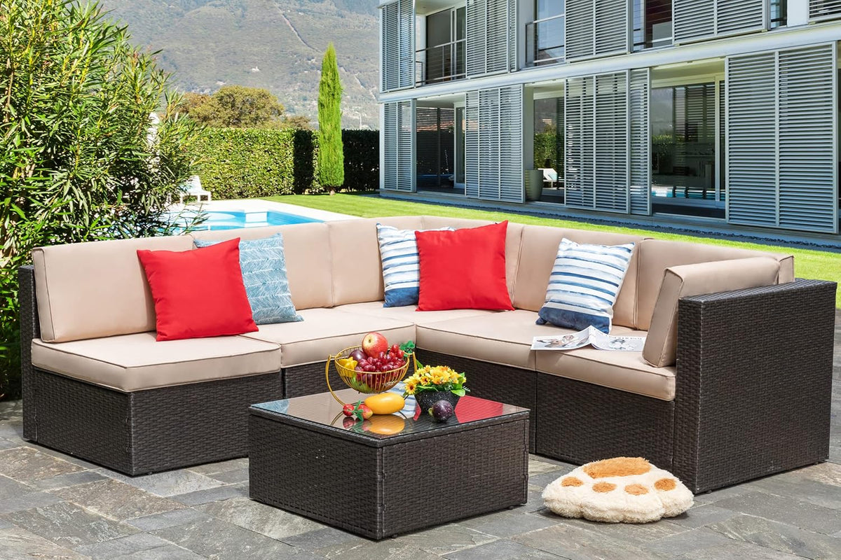 5-Piece All-Weather Patio Furniture Set with Ottoman, Outdoor Wicker Conversation Sofa Set with Cushions for Garden, Deck & Backyard