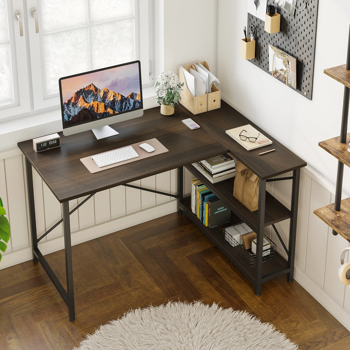 Small L Shaped Computer Desk with Storage Shelves, Compact Corner Workstation for Home Office and Study