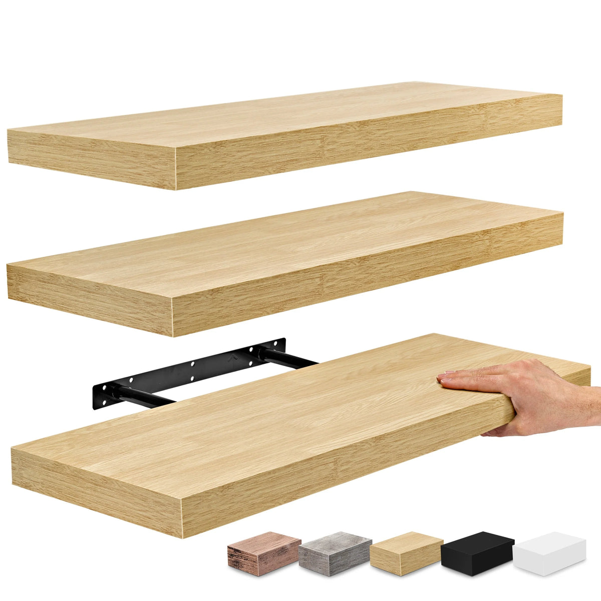 Set of 3 Floating Wood Wall Shelves, Wall Mounted Display and Storage Shelves with Invisible Brackets for Books and Home Decor