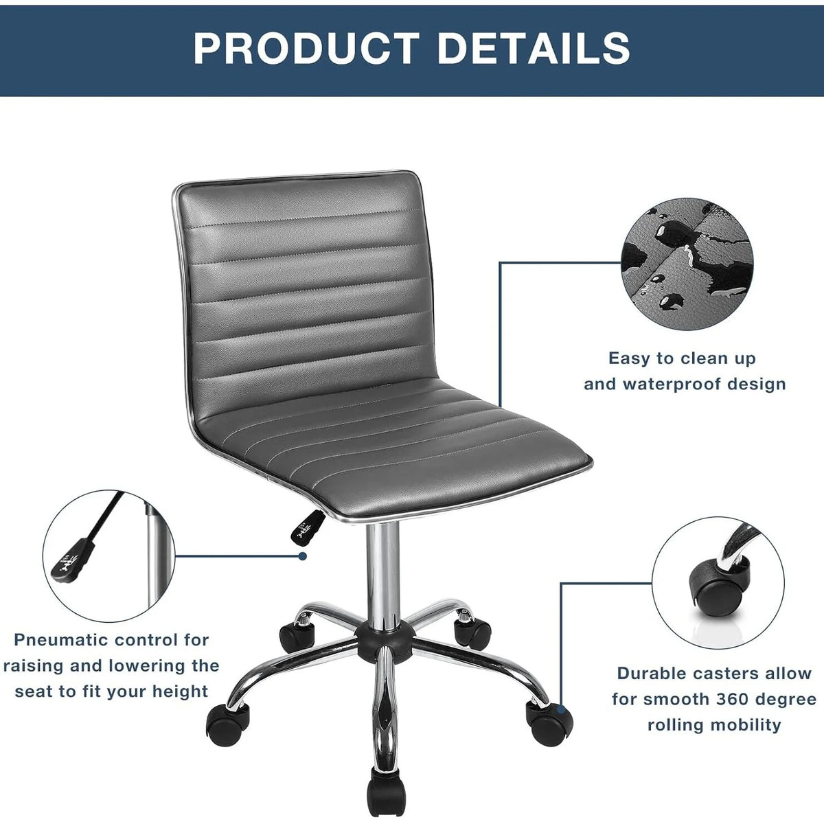 Adjustable Mid-Back Armless Swivel Office Chair, Ribbed Task and Vanity Chair for Small Spaces