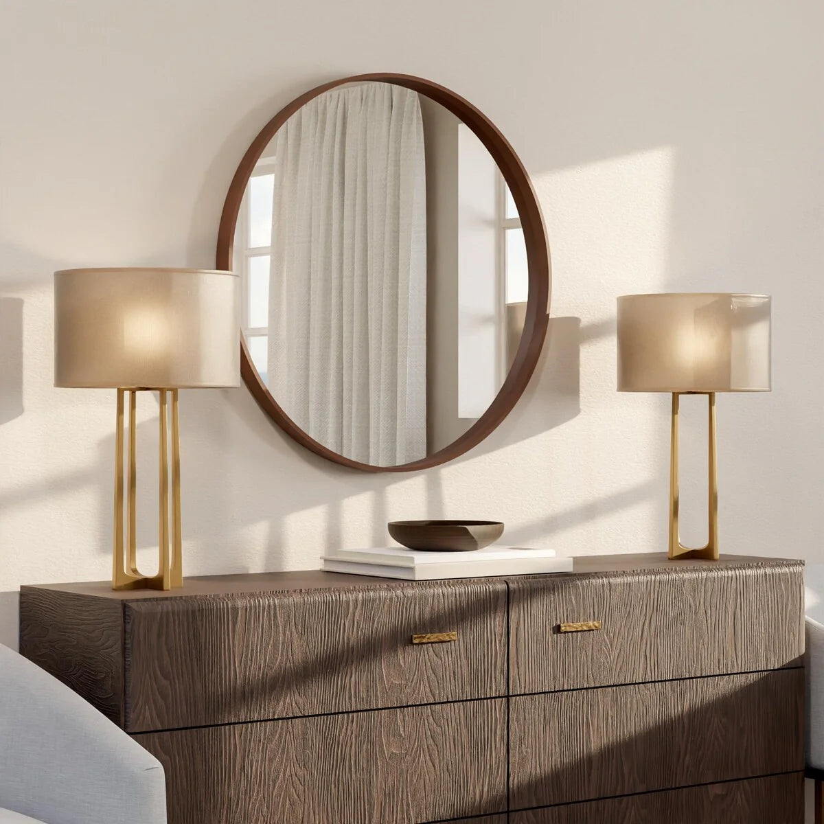 Classic Farmhouse Round Wall Mirror, Wooden Frame Decorative Accent Mirror for Living Room, Bedroom and Entryway