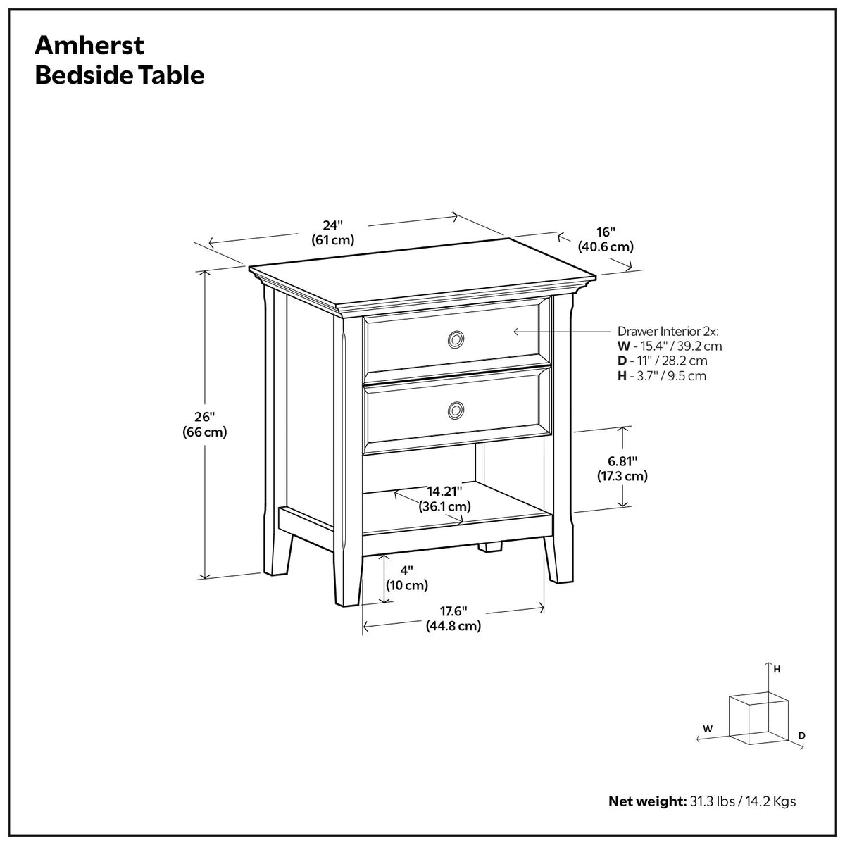 24 Inch Wide Solid Wood Nightstand, Bedside Table and Bedroom End Table