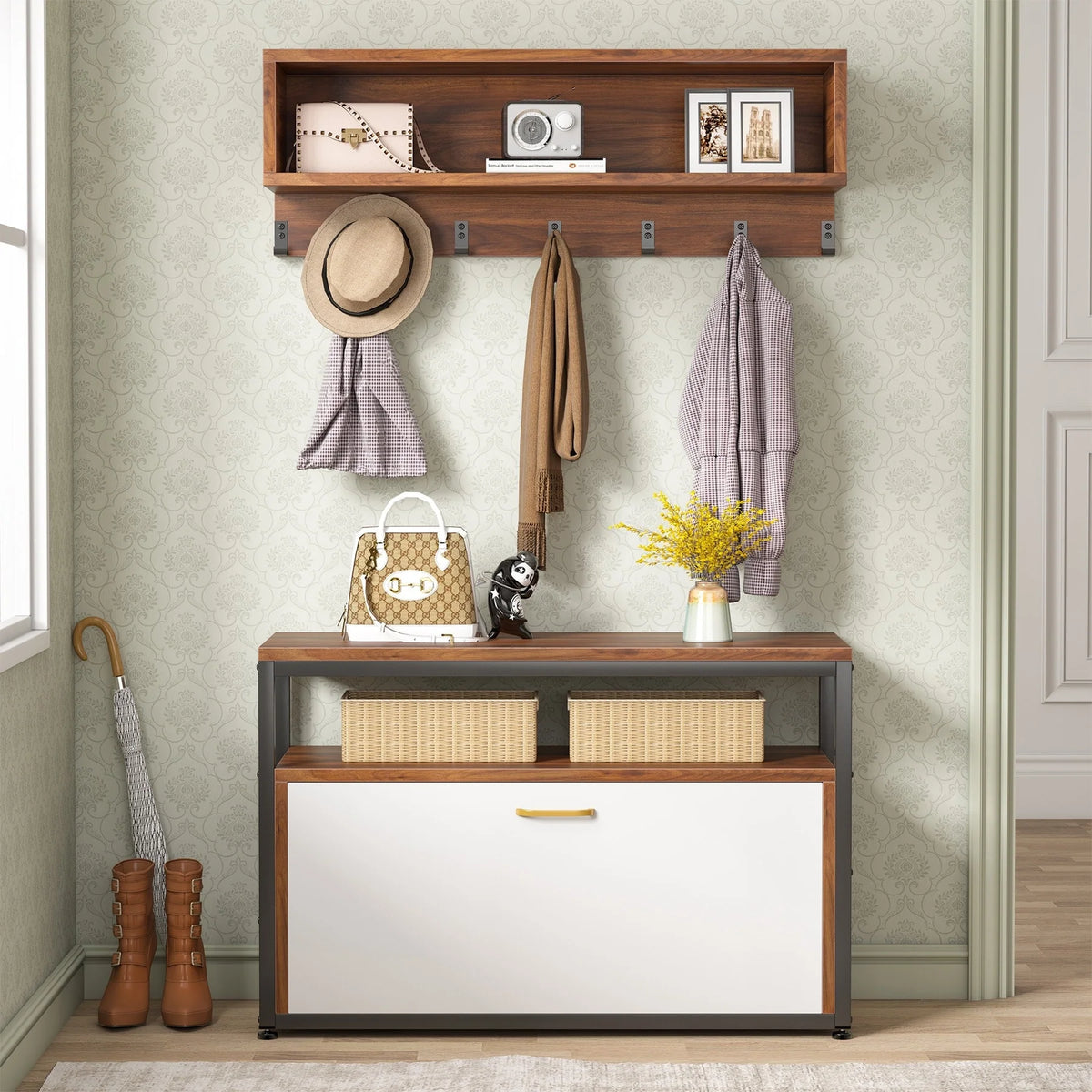 Entryway Coat Rack and Shoe Bench Set, Industrial Hall Tree with Coat and Shoe Storage
