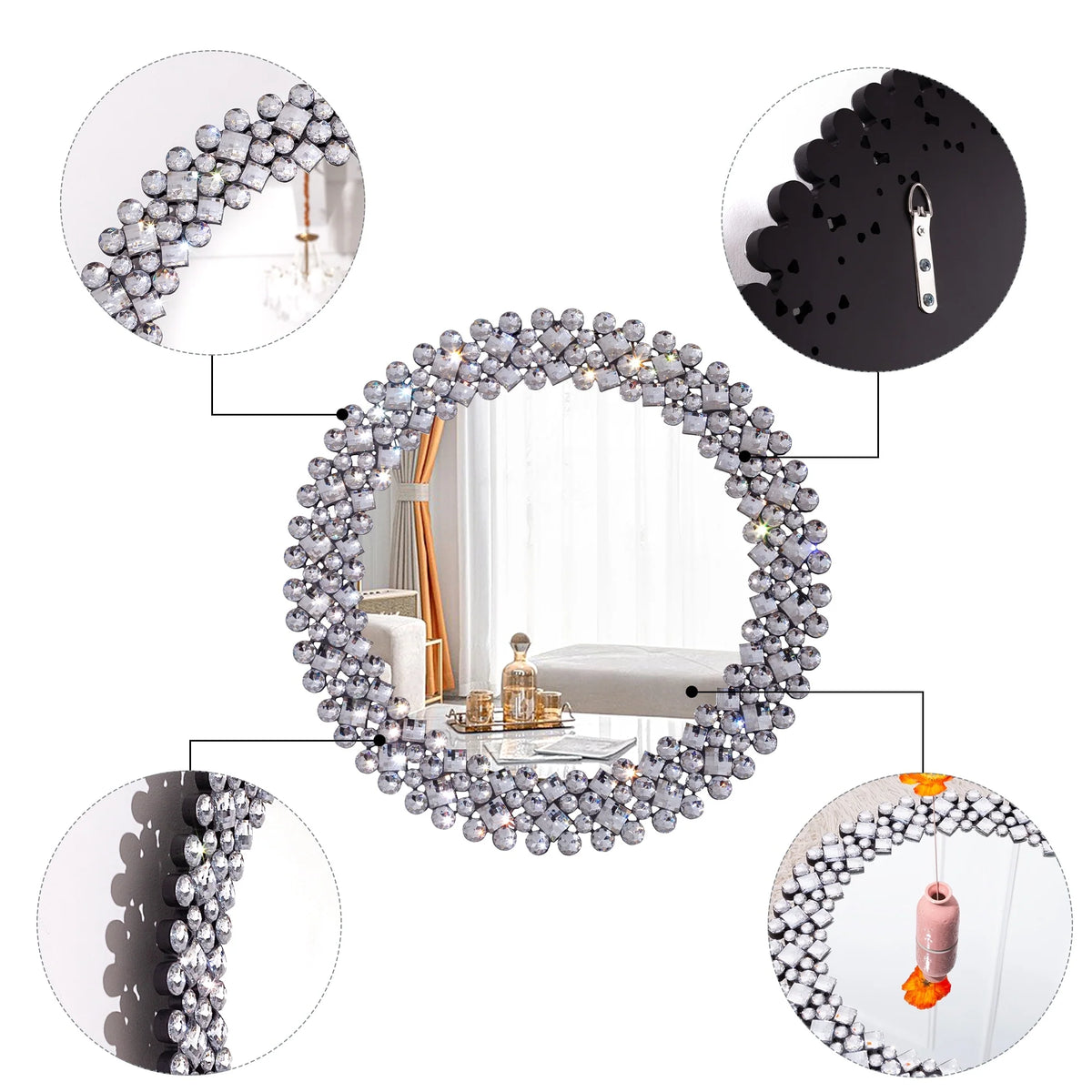 Modern Round Wall Mirror, Crystal Accent Decorative Mirror for Living Room, Bedroom and Entryway