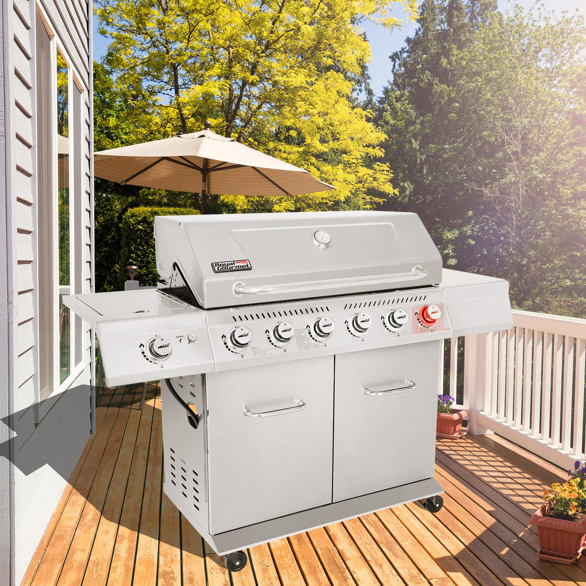 Stainless Steel 6-Burner Gas Grill �� 74,000 BTU with Sear & Side Burner, Cabinet Style