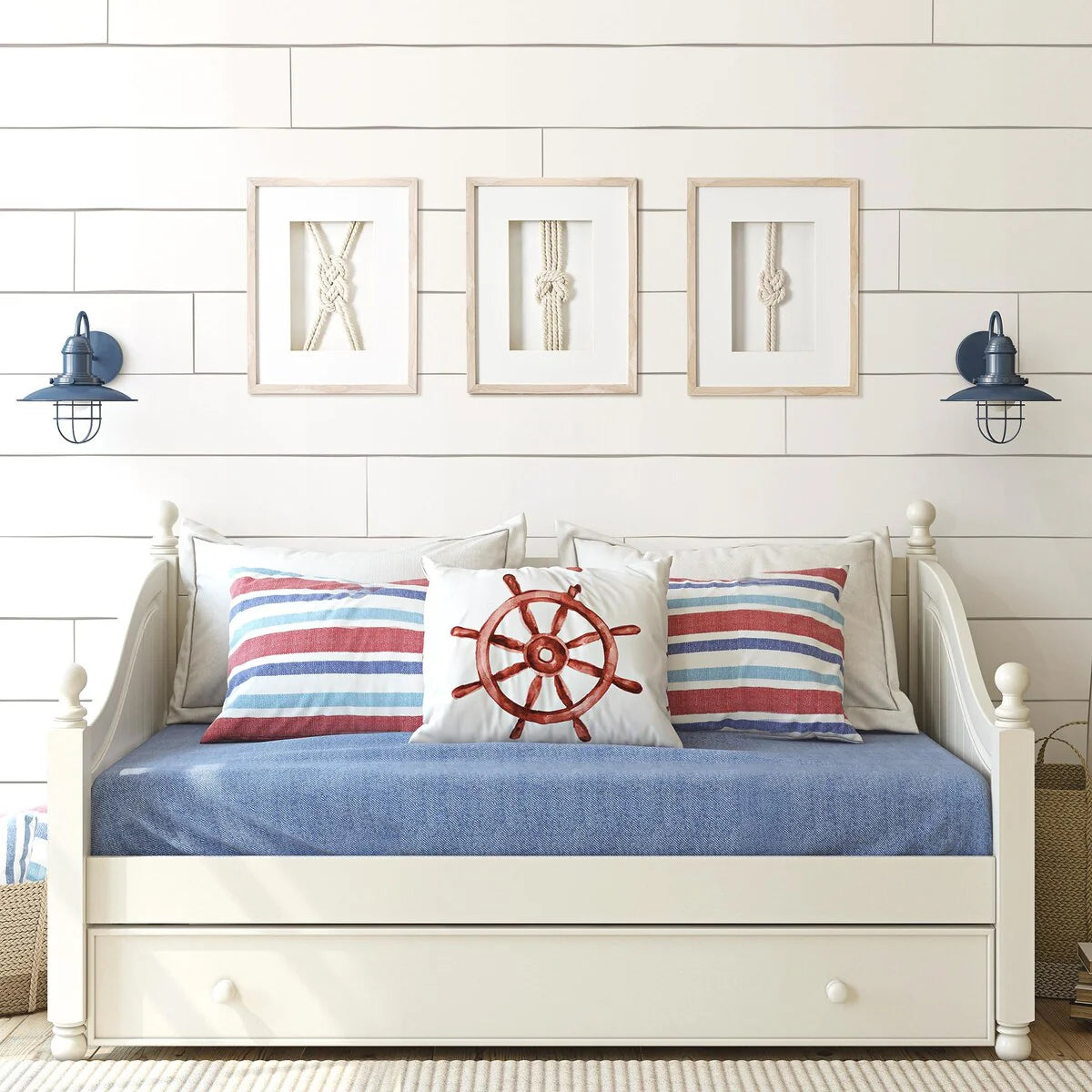 3-Piece Framed Nautical Knots Wall Decor Set, Natural Finish Coastal Wall Art