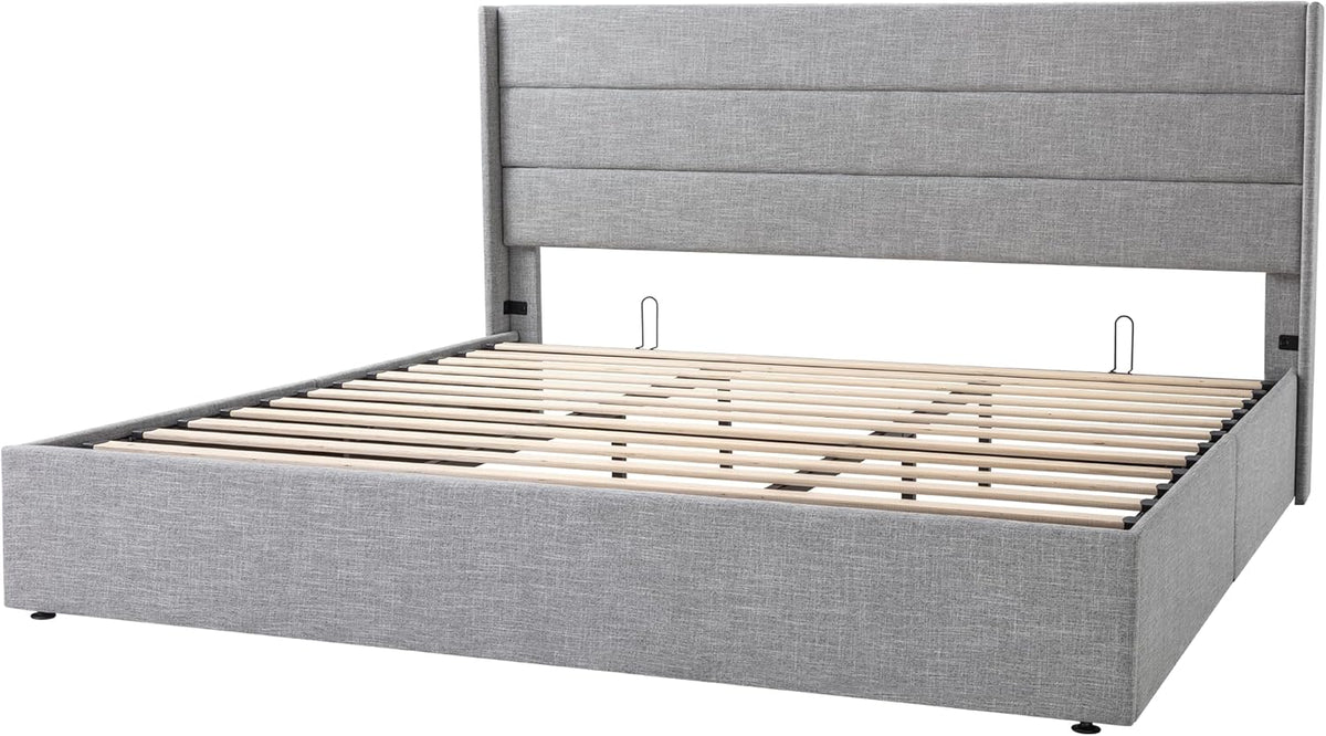 Queen Size Lift Up Storage Bed with Wingback Headboard, Upholstered Platform Bed Frame with Hidden Storage