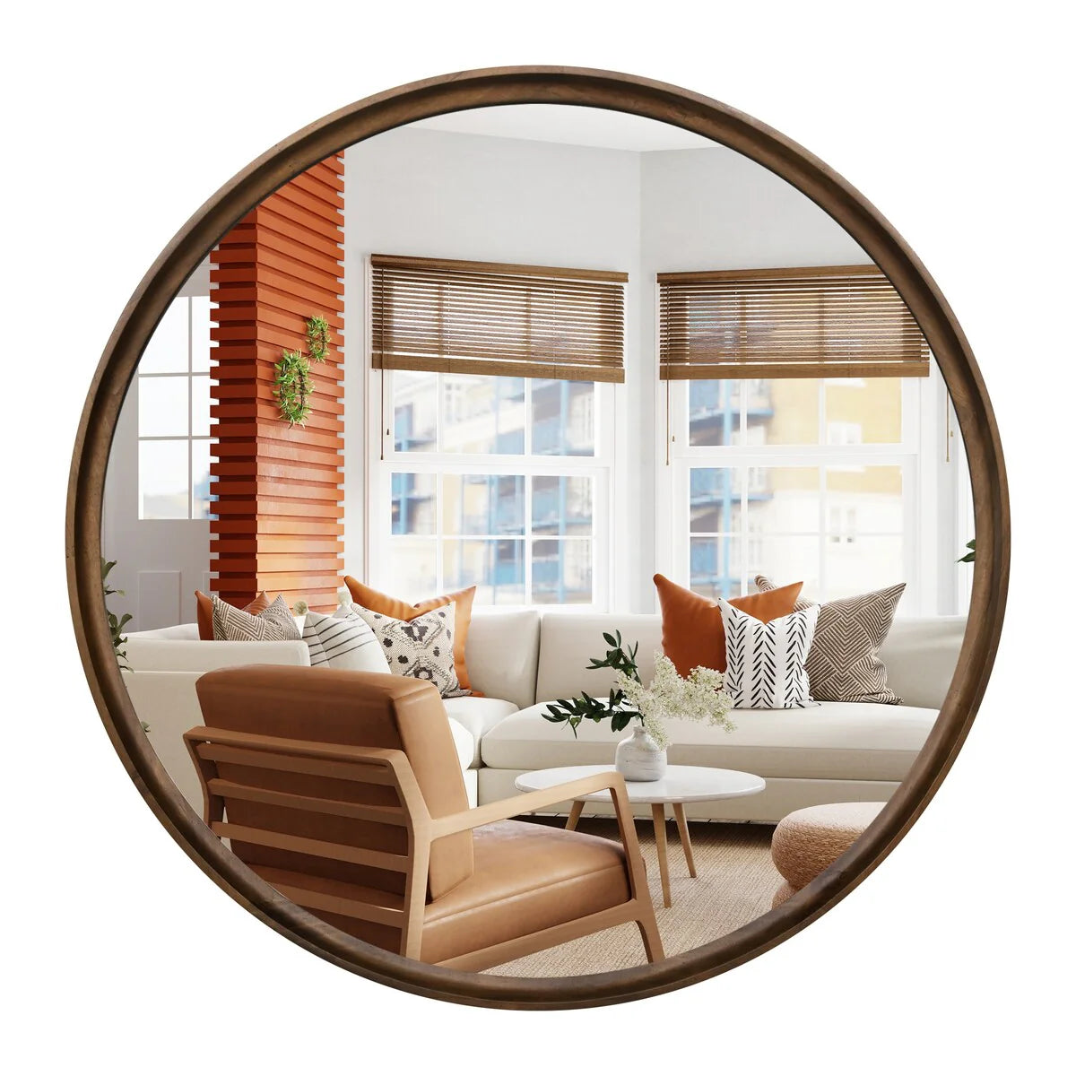 Classic Farmhouse Round Wall Mirror, Wooden Frame Decorative Accent Mirror for Living Room, Bedroom and Entryway