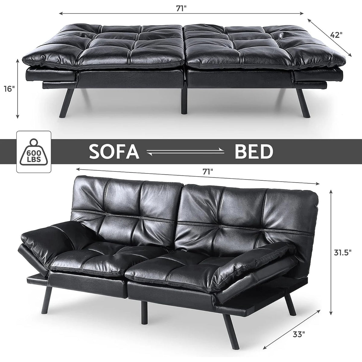 Convertible Futon Sofa Bed with Memory Foam, Foldable Loveseat Sleeper with Adjustable Armrests