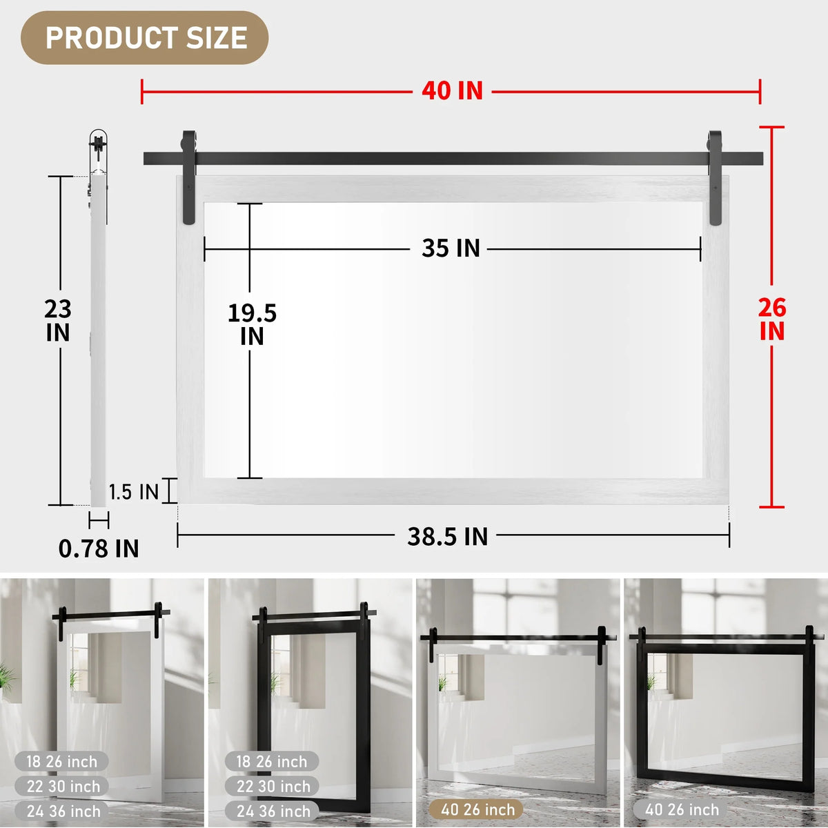 Modern Rectangular Wall Mirror with Wood Frame, Bathroom and Barn Door Mirror, Multiple Sizes