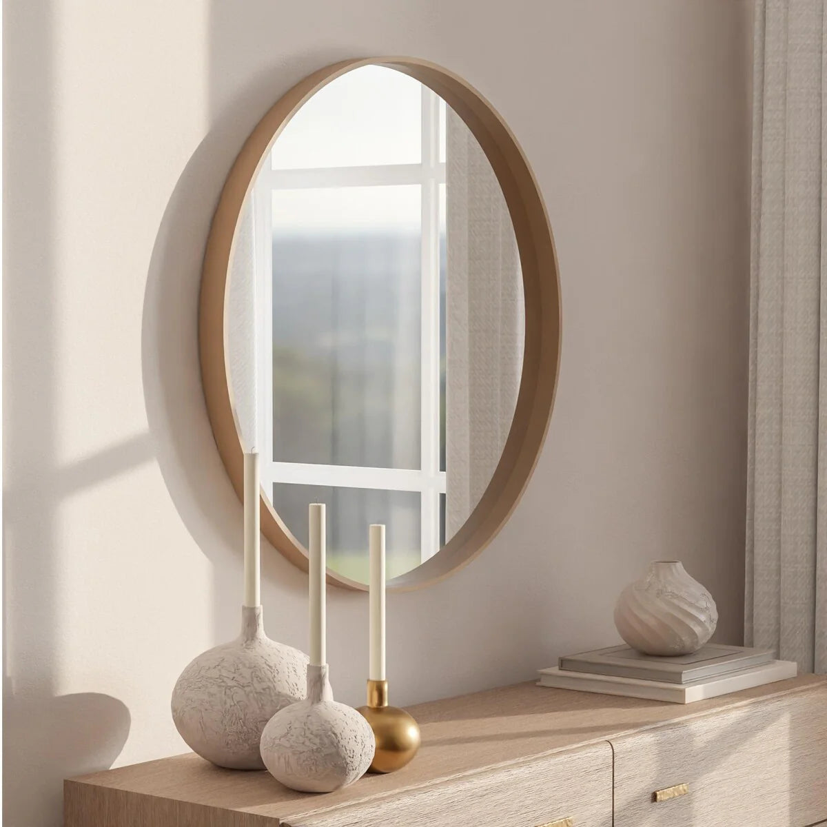 Classic Farmhouse Round Wall Mirror, Wooden Frame Decorative Accent Mirror for Living Room, Bedroom and Entryway