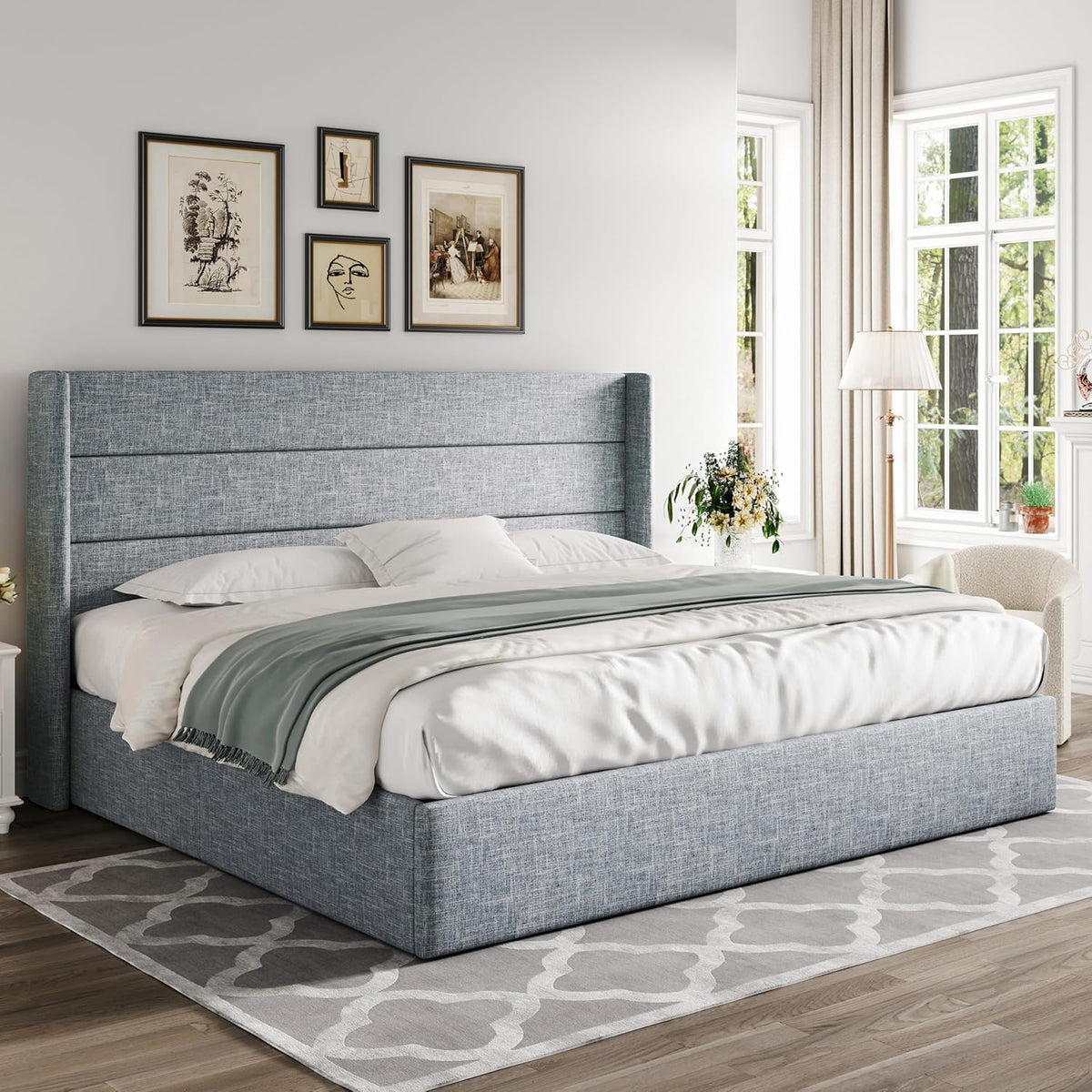 Queen Size Lift Up Storage Bed with Wingback Headboard, Upholstered Platform Bed Frame with Hidden Storage