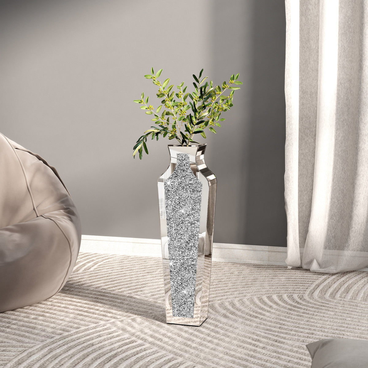 Tall Crushed Diamond Floor Vase, Luxury Decorative Crystal Accent Vase for Living Room, Bedroom and Home Decor