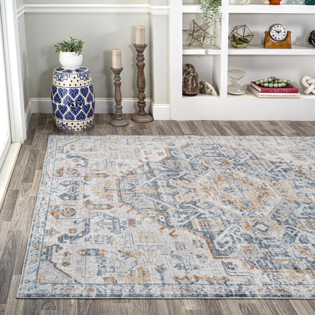 Bohemian Medallion Low-Pile Machine-Washable Area Rug, Cream and Terra