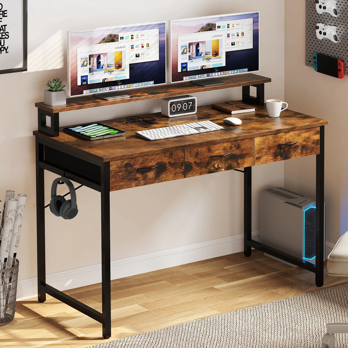 Small Computer Desk with Fabric Drawers and Monitor Stand, Compact Home Office Workstation for Small Spaces