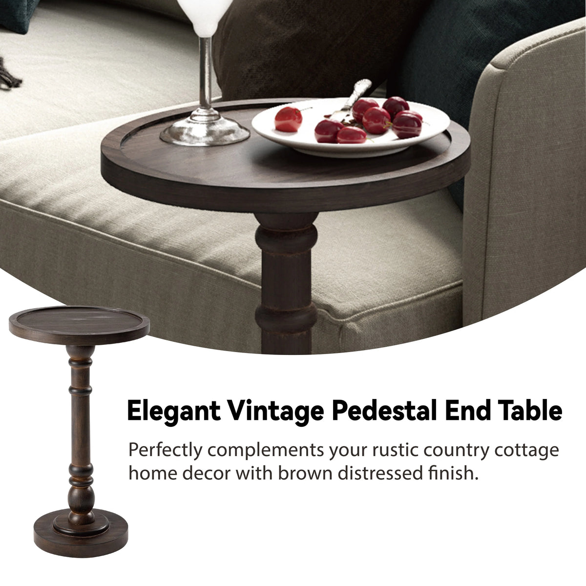 Small Pedestal End Table with Tray Top, Farmhouse Distressed Finish Accent Table