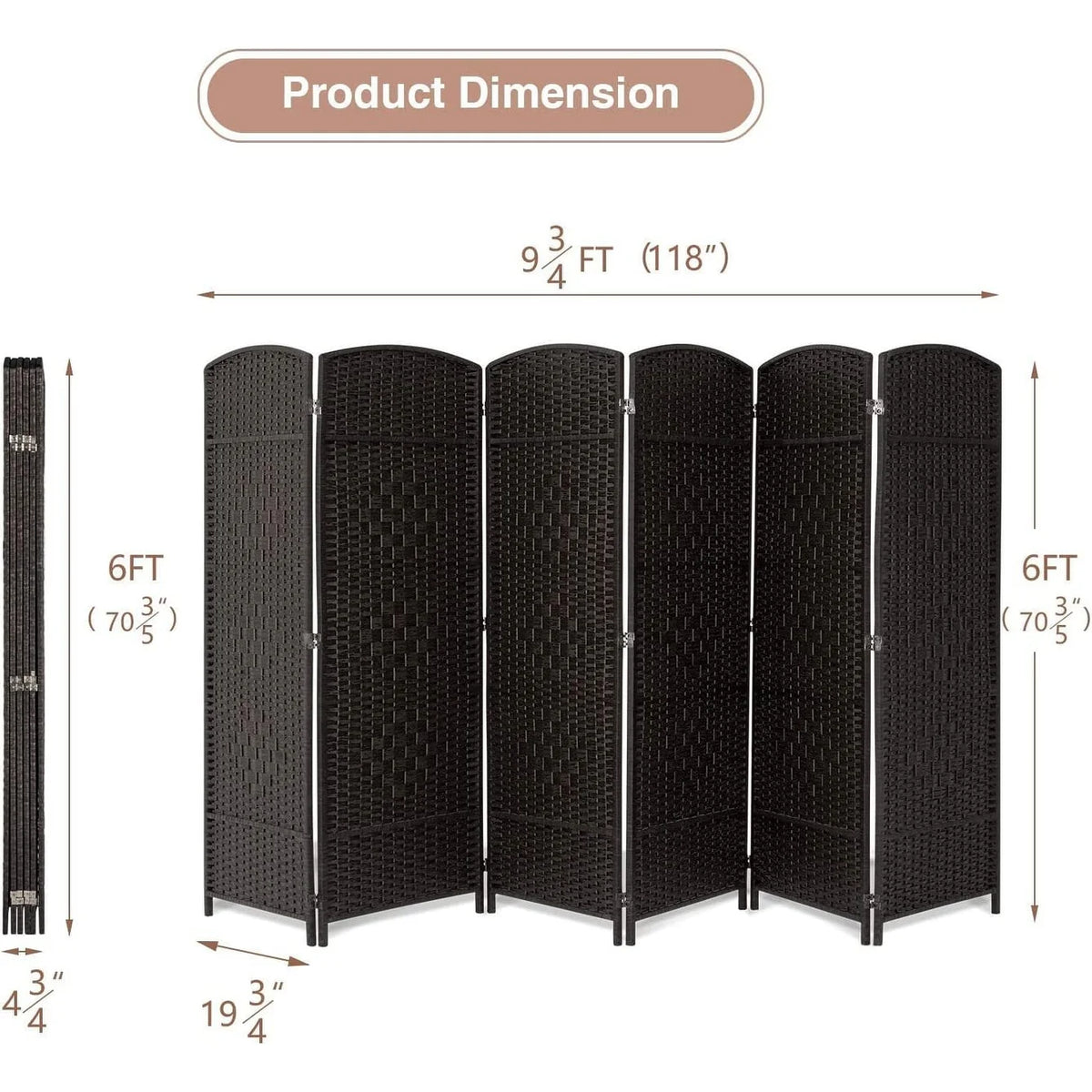 6 FT Tall Woven Fiber Room Divider, Freestanding Folding Privacy Screen
