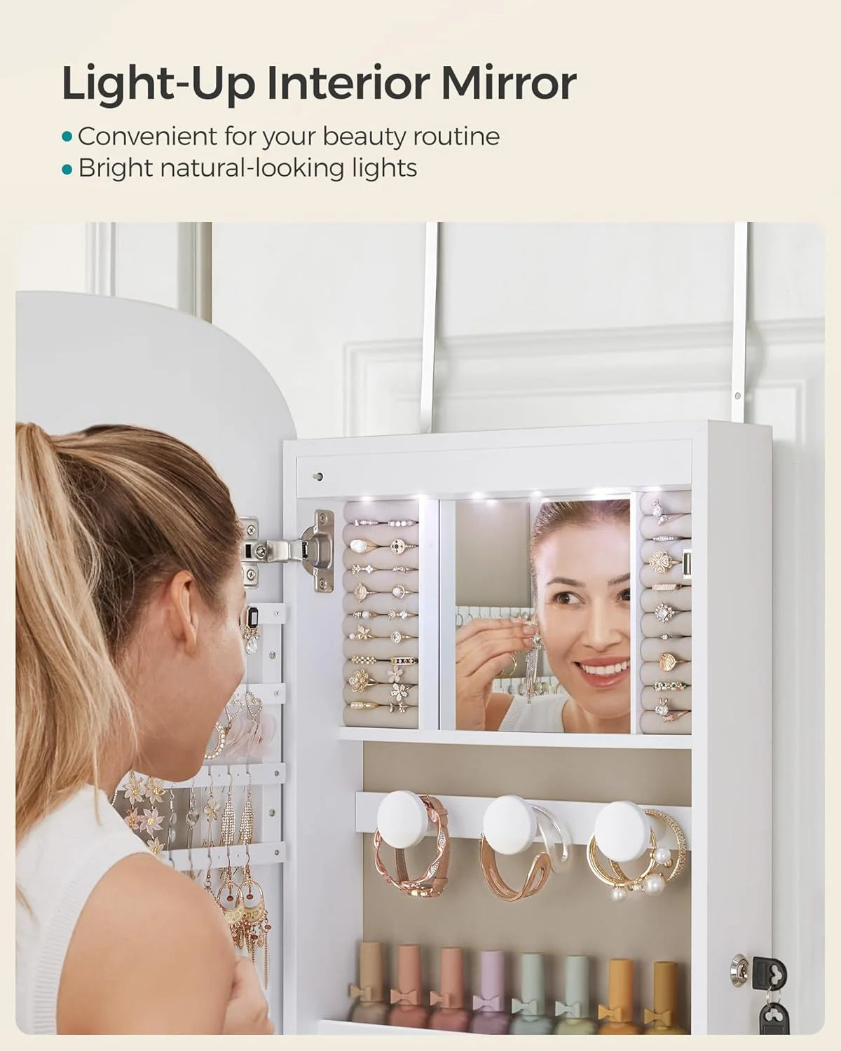 LED Jewelry Organizer Cabinet, Wall or Door Mounted Jewelry Storage Mirror with LED Lights